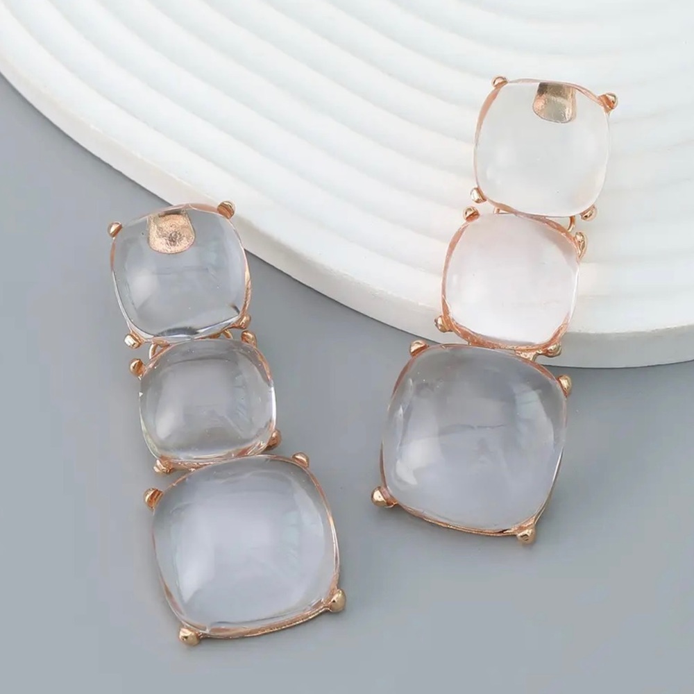 Gold Color Clear White Resin Earrings